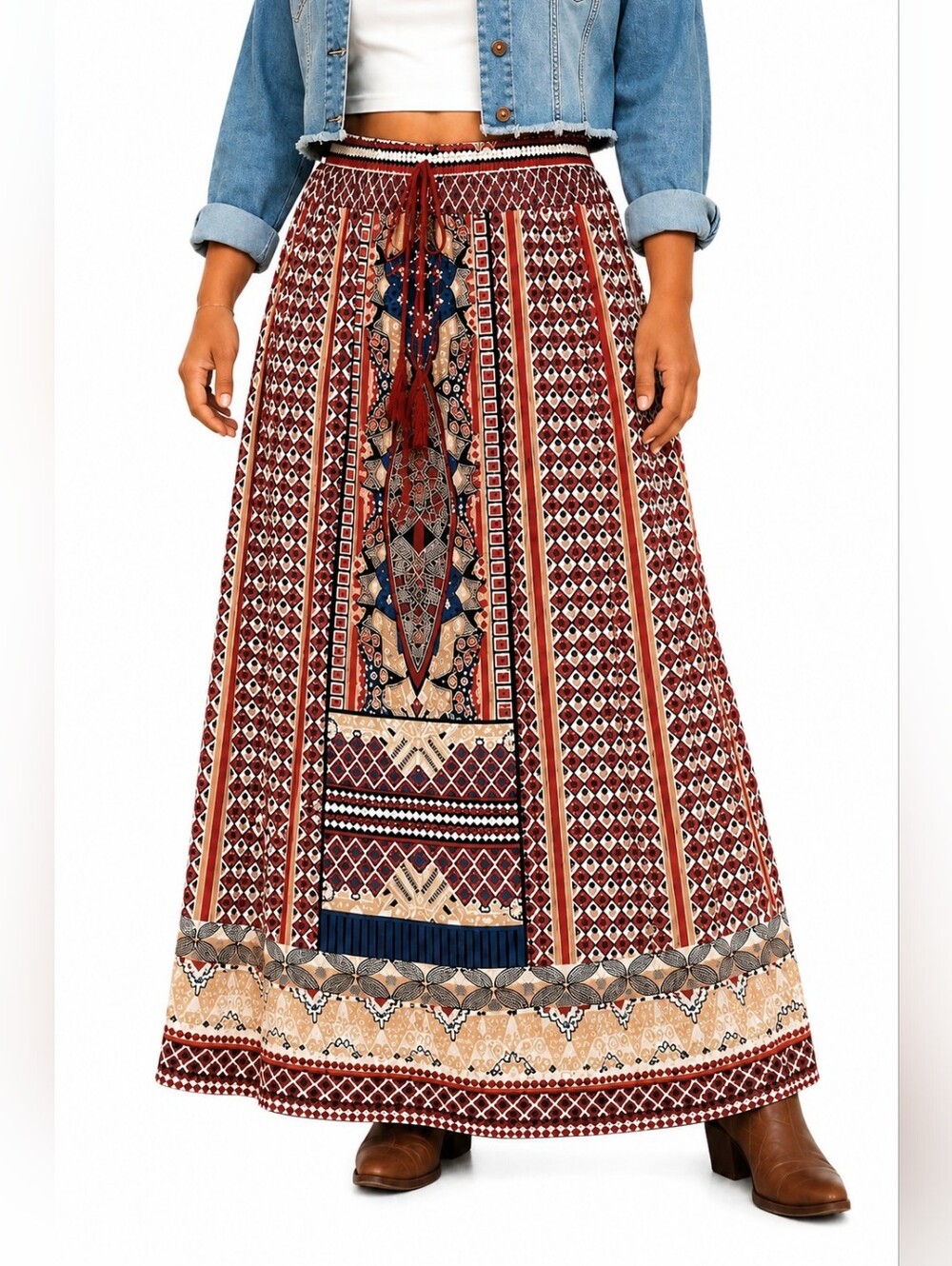 Mix Nouveau Boho Southwestern Tribal Print A-line Maxi Skirt Women Size Large - Picture 1 of 16